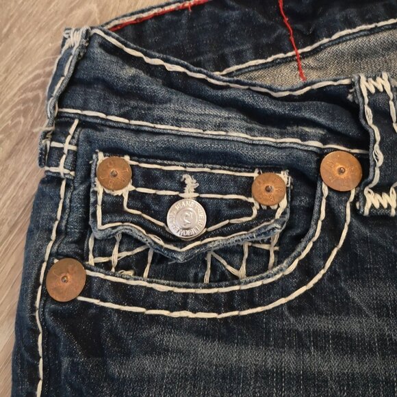 True Religion Billy Super T Jeans 34 x 28.5 Inseam Big White Stitch Blue NICE - Picture 3 of 13